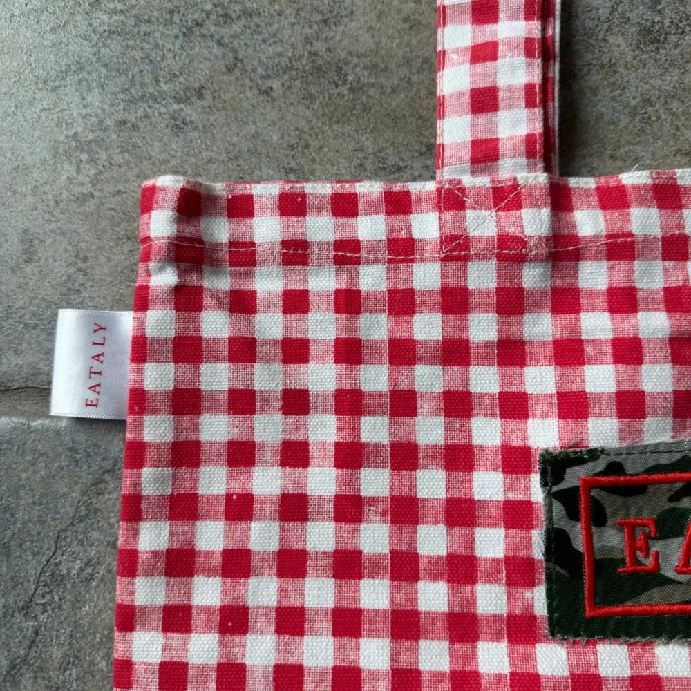 Eataly Gingham Market‎ Tote Bag Red White CAMO Check Cotton Promo 14.5x15.5 RARE